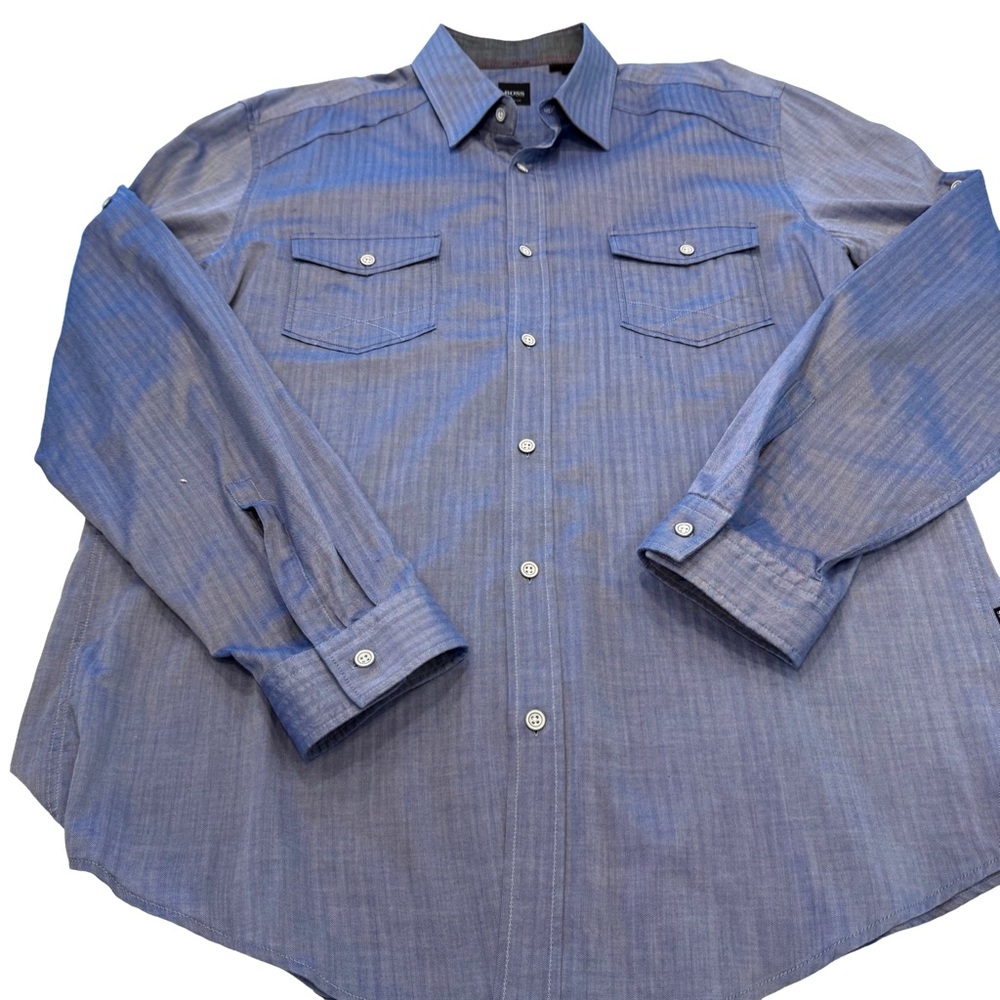Hugo Boss Men Textured Two Pocket Western Style Shirt Blue Sz L